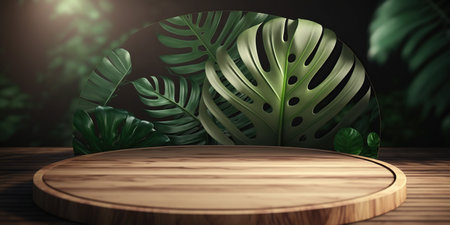 3D render of a wooden table with monstera leaves in the foregroundの写真素材