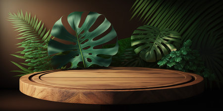 Wooden table with monstera leaves. 3d render illustration.の写真素材