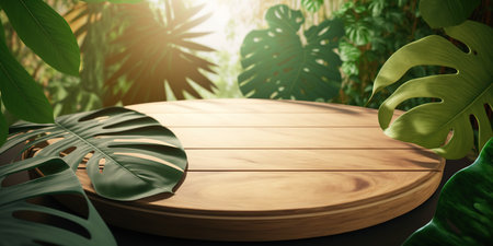 Wooden table and tropical leaves background. 3D Rendering.の写真素材