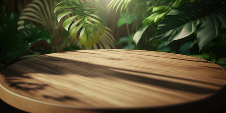 Wooden table in front of tropical plants. 3D rendering.の写真素材