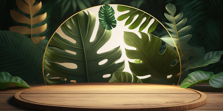 Wooden table with monstera leaves background. 3D Renderingの写真素材