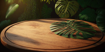 Wooden table with monstera leaves. 3d render illustration.の写真素材