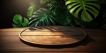 Wooden table and tropical leaves on dark background. 3d renderingの写真素材