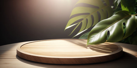 Wooden table with monstera leaf on dark background. 3d renderingの写真素材