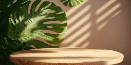 Wooden product stand with monstera leaves. 3D rendering.の写真素材