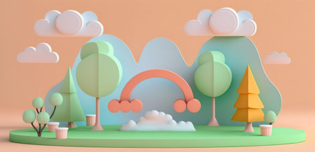 3d rendering of minimal landscape with trees, clouds and rainbow.の写真素材