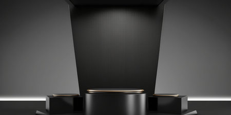 Black podium on dark background. Mock up, 3D Renderingの写真素材