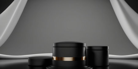 3d render of black cosmetic container for cream, lotion, cream or lotion. Mock up for product presentationの写真素材