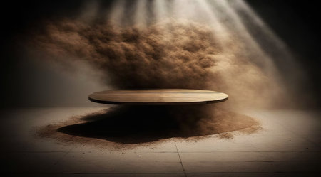 Wooden pedestal in dark room with smoke and rays of light