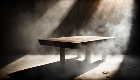 Empty wooden table in dark room with rays of light and smoke.の写真素材