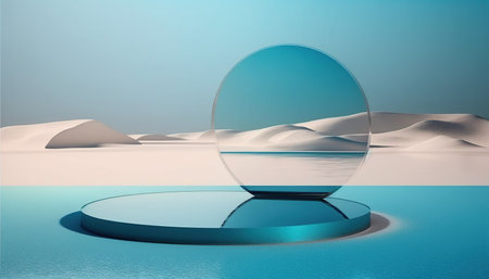 3d render of round podium in desert. Abstract minimal scene with empty round podium.の写真素材