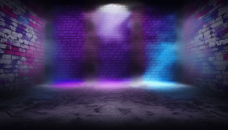 Brick wall with neon light, 3d rendering. Computer digital drawing.の写真素材