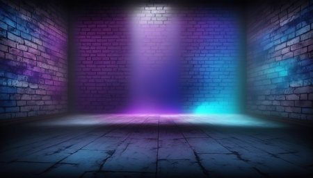 Dark room with neon light and brick wall background. 3d renderingの写真素材