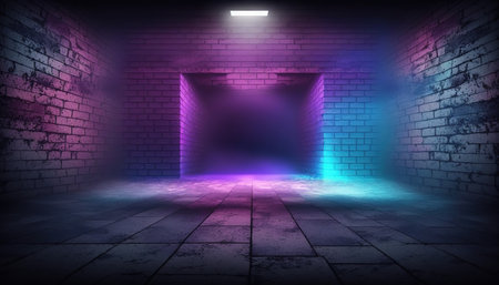 3D rendering of an empty room with neon light and brick wallの写真素材