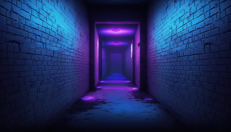 Dark corridor with neon light and brick wall. 3D rendering.の写真素材
