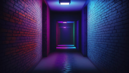 Dark corridor with neon light and brick wall. 3D Renderingの写真素材
