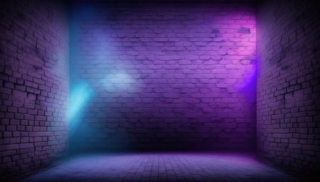 3d rendering of purple room with neon lights and brick wall backgroundの写真素材