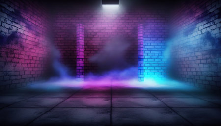 Dark room with neon lights and brick wall. 3D rendering.の写真素材