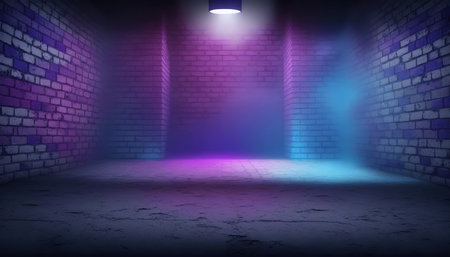 3D rendering of an empty room with neon light and brick wallの写真素材