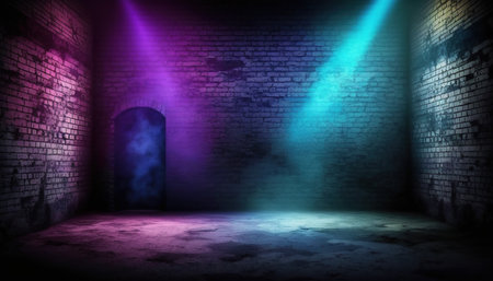Empty room with neon light and brick wall background. 3D renderingの写真素材