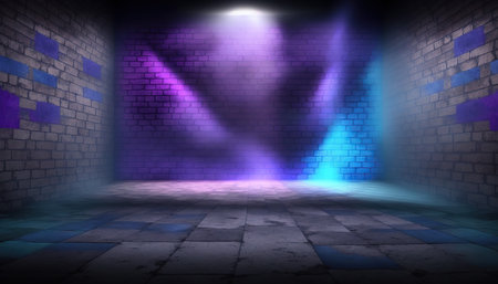3d render of empty room with neon light and brick wall.の写真素材