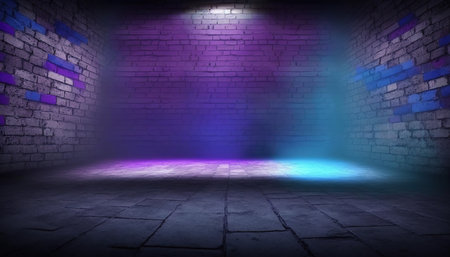 3d rendering of empty room with neon light and brick wall backgroundの写真素材