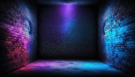 3d rendering of empty room with neon light and brick wall backgroundの写真素材