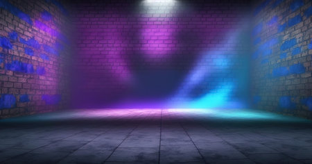 3D rendering of an empty room with neon lights and a brick wallの写真素材