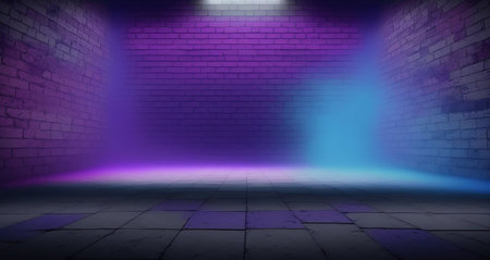 3d render of empty room with neon light and brick wall backgroundの写真素材