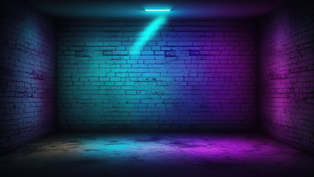 3d rendering of an empty room with neon light and brick wallの写真素材