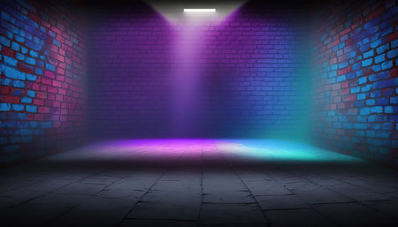 3D rendering of an empty room with neon light and brick wallの写真素材