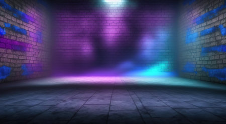 3d render, abstract background, empty room with brick wall and neon lightsの写真素材