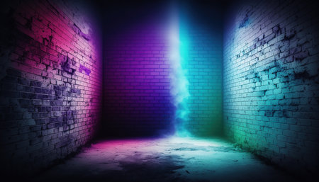 Abstract dark room with neon light and brick wall. 3d renderingの写真素材