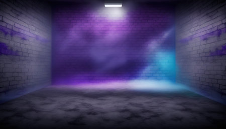 3d render of empty room with brick wall and purple light spotの写真素材