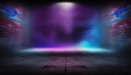 Dark empty room with brick wall and neon light, 3D renderingの写真素材