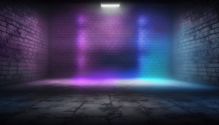 3d render of empty room with neon light and brick wall backgroundの写真素材