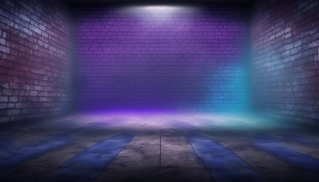 Dark room with brick wall and spotlights, 3d render illustrationの写真素材