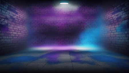 Dark empty room with brick wall and neon lights. 3D renderingの写真素材