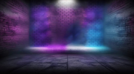 Dark empty room with brick wall and neon light. 3D renderingの写真素材