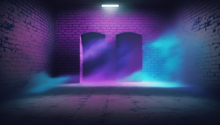 Futuristic portal with neon lights and brick wall. 3d renderingの写真素材