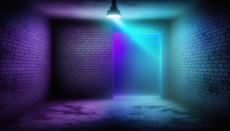 Illuminated empty room with blue and purple lights. Vector illustrationの写真素材