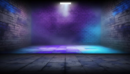 Dark empty room with brick wall and neon light. 3D renderingの写真素材