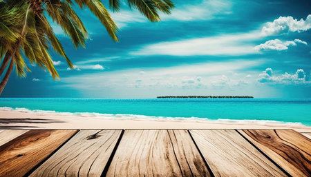 Wooden table on tropical beach with coconut palm tree and blue skyの写真素材