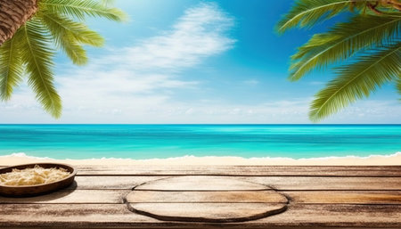 Wooden deck table top on tropical beach background with copy space. Summer vacation conceptの写真素材