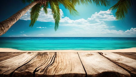 Wooden table with tropical beach and palm trees. Collage.の写真素材