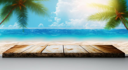 Wooden table top on blur tropical beach background - can be used for display or montage your productsの写真素材