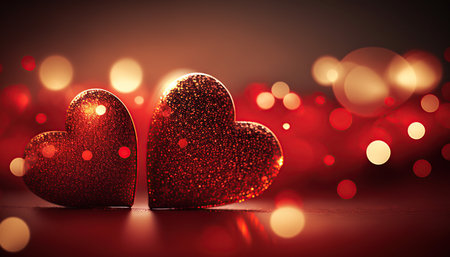 Valentines day background with two red hearts and bokeh lightsの写真素材