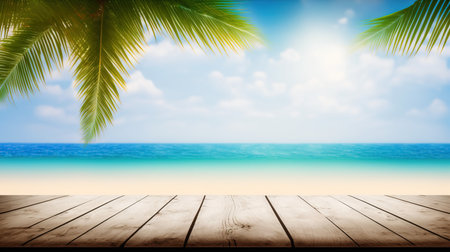 Wooden table top on blurred tropical beach background. For product displayの写真素材