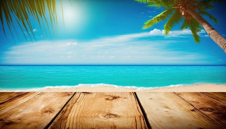 Wooden deck table on tropical beach background. Holiday and vacation conceptの写真素材