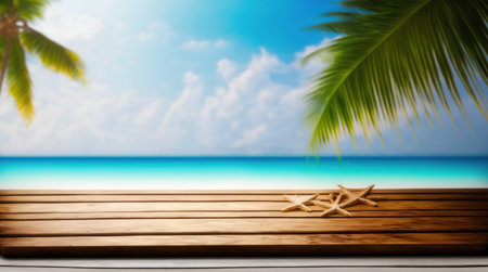 Wooden table top on blurred tropical beach background - can be used for display or montage your productsの写真素材